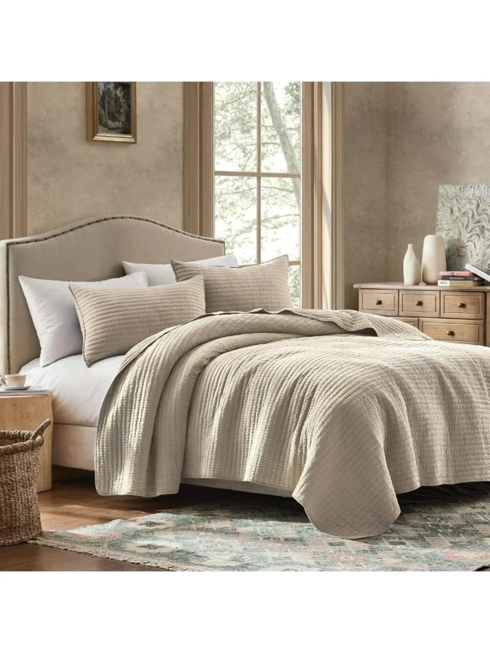 100% Cotton King Size Quilt Set, Channel Pick Stitch Design, Beige Flax Color